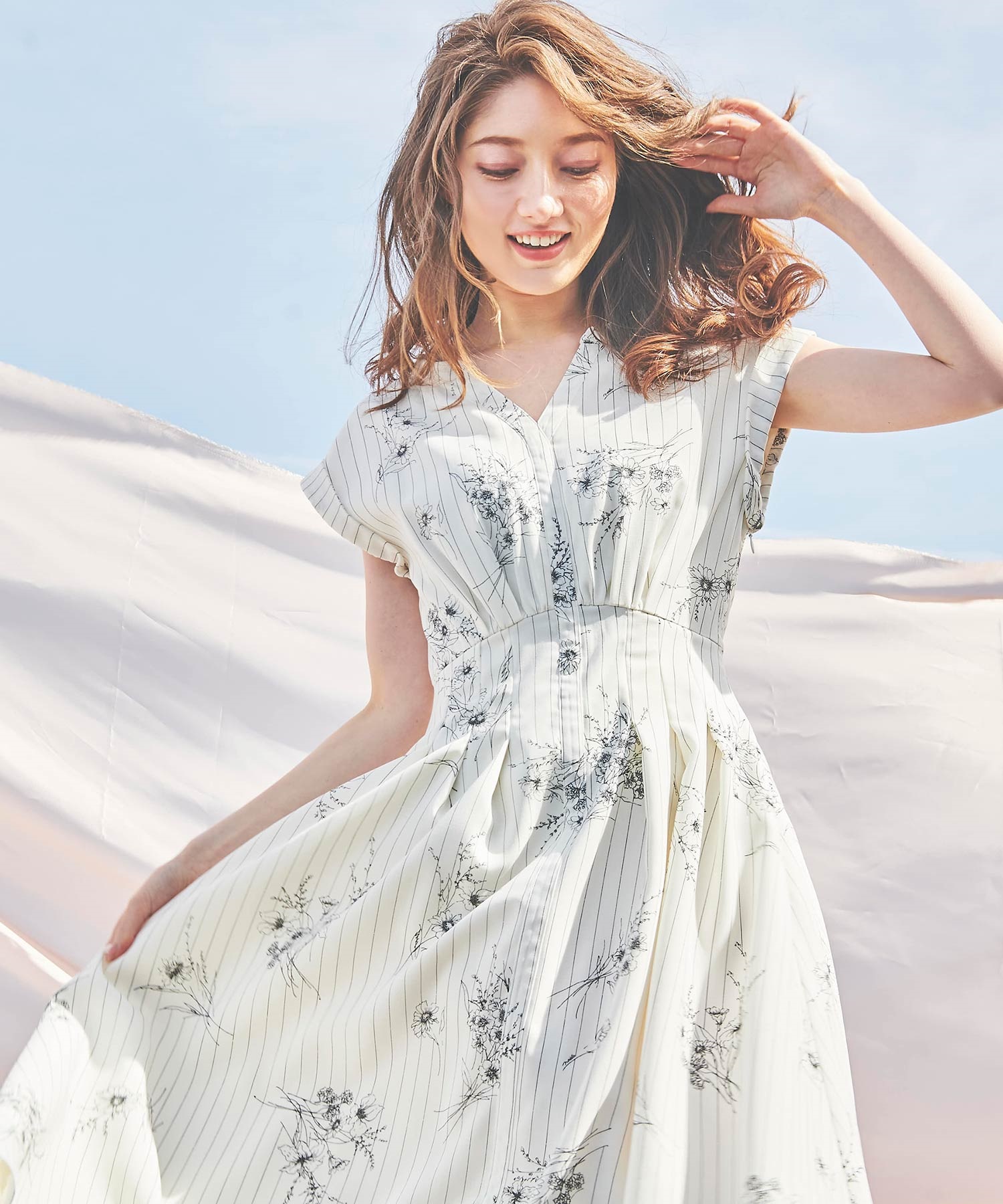 WEB限定カラーあり】スケッチフラワー柄シャツワンピース | ロング