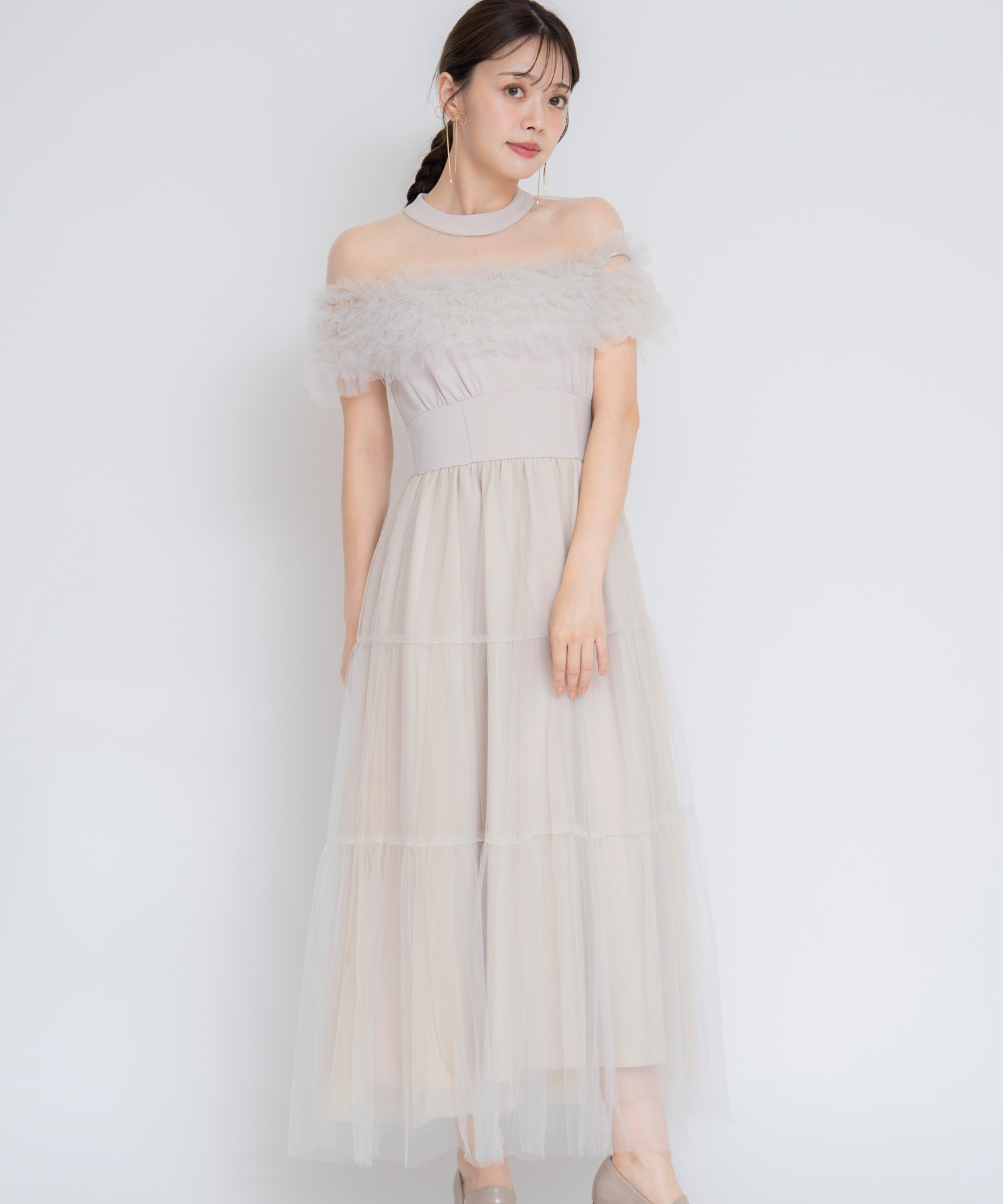 SSサイズあり】ケープチュールフリルドレス | ロングワンピース