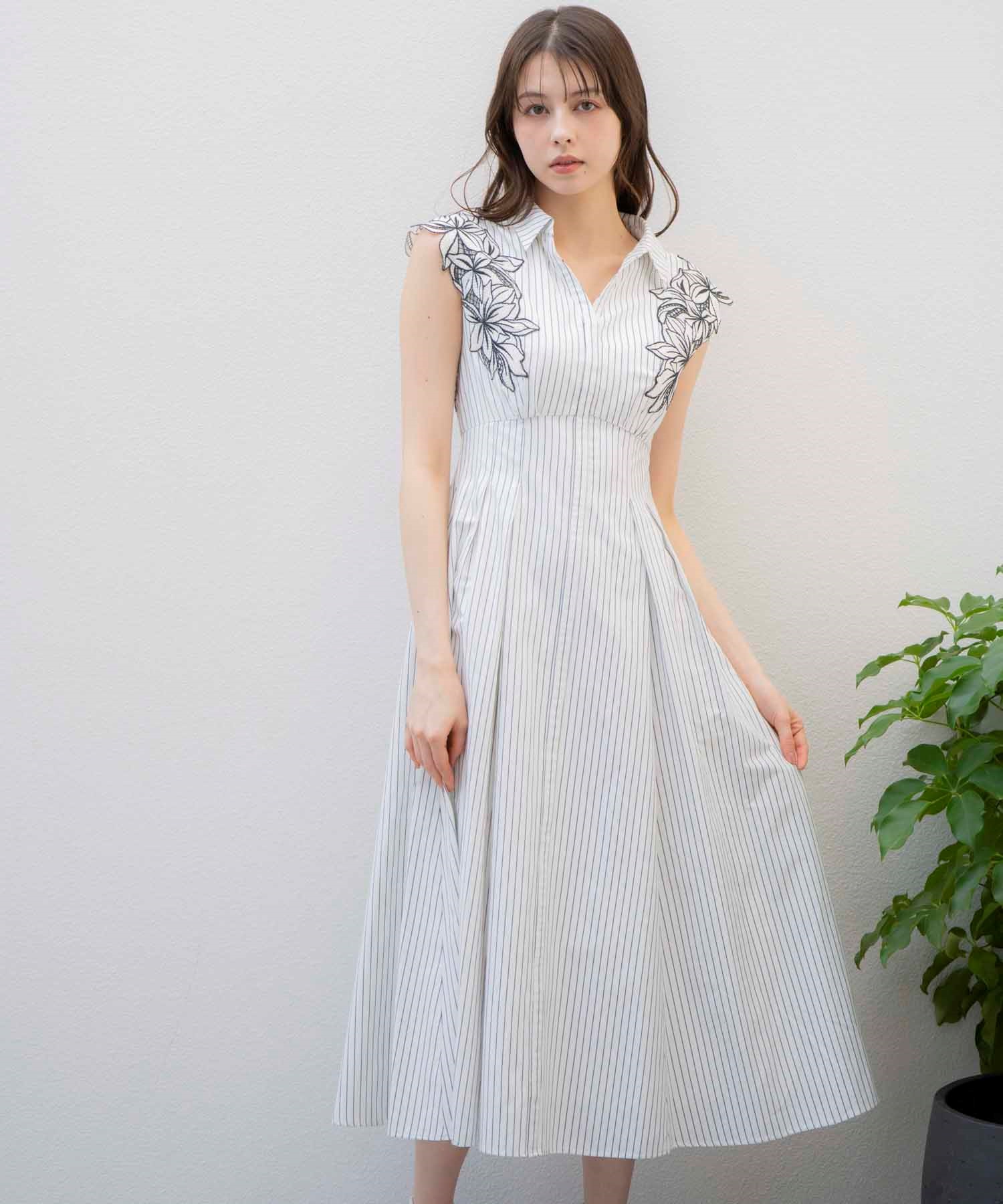 15周年】【SSサイズあり】エンブロイダリーストライプワンピ | ロング