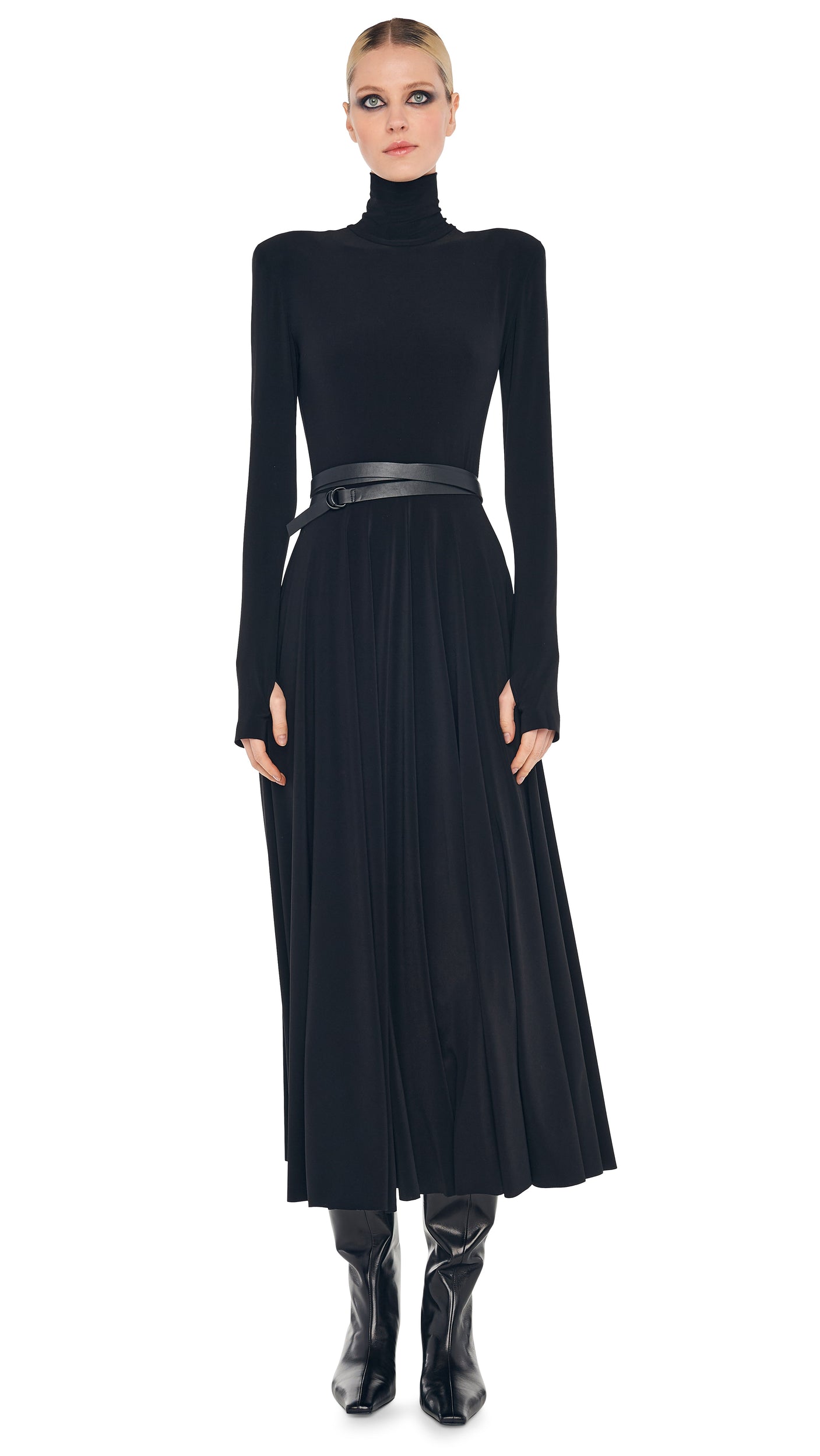 LS SHOULDER PAD TURTLE FLARED DRESS – Black – Norma Kamali