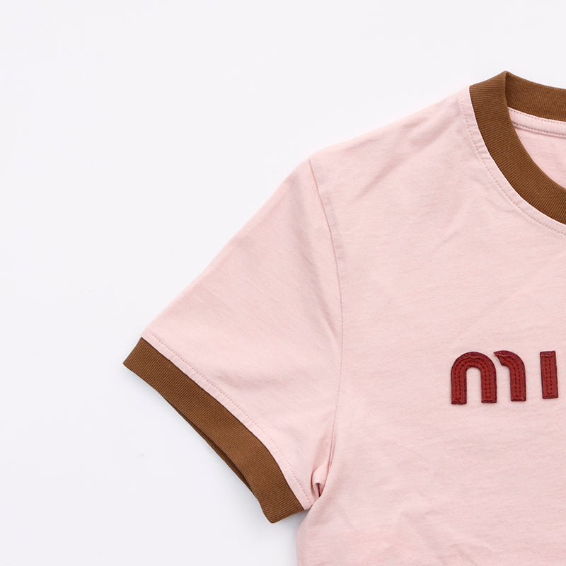Miu Miu Miu Logo Short Sleeve T-shirt Cotton Pink WS6076 – NUIR