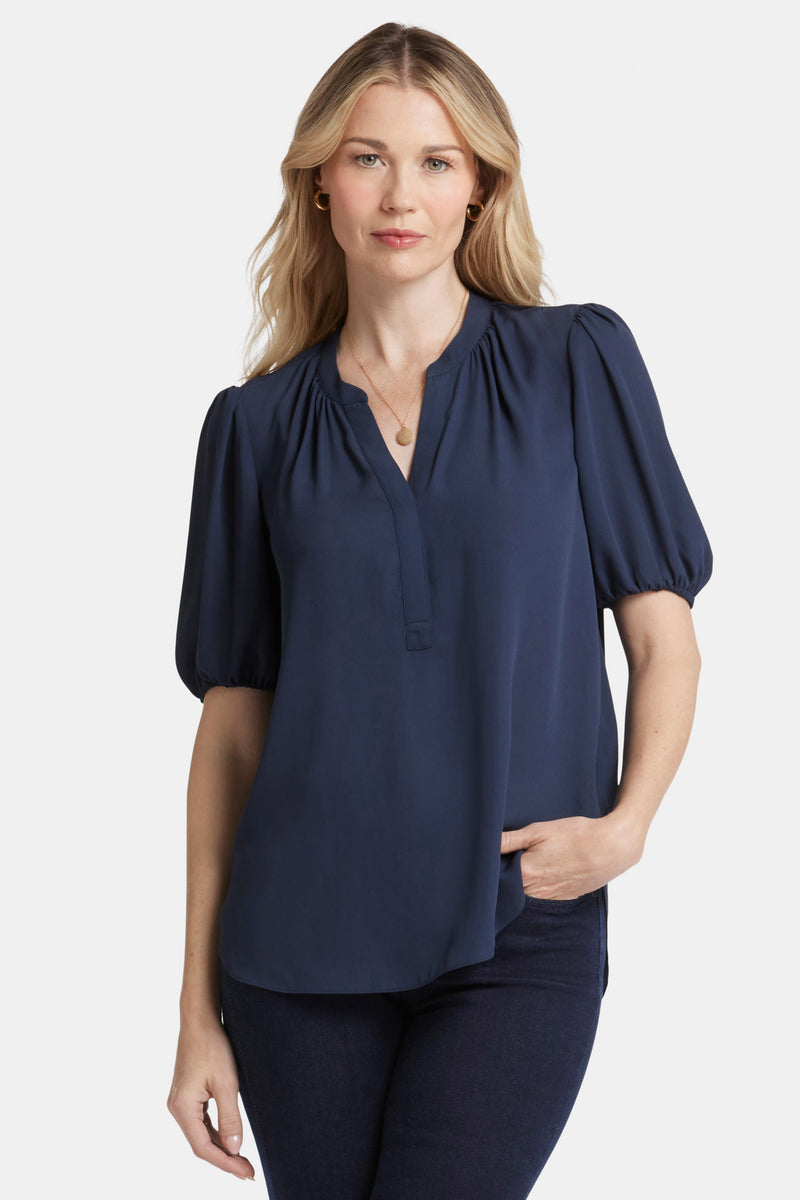 Short Puff Sleeve Popover Top - Oxford Navy Solids | NYDJ
