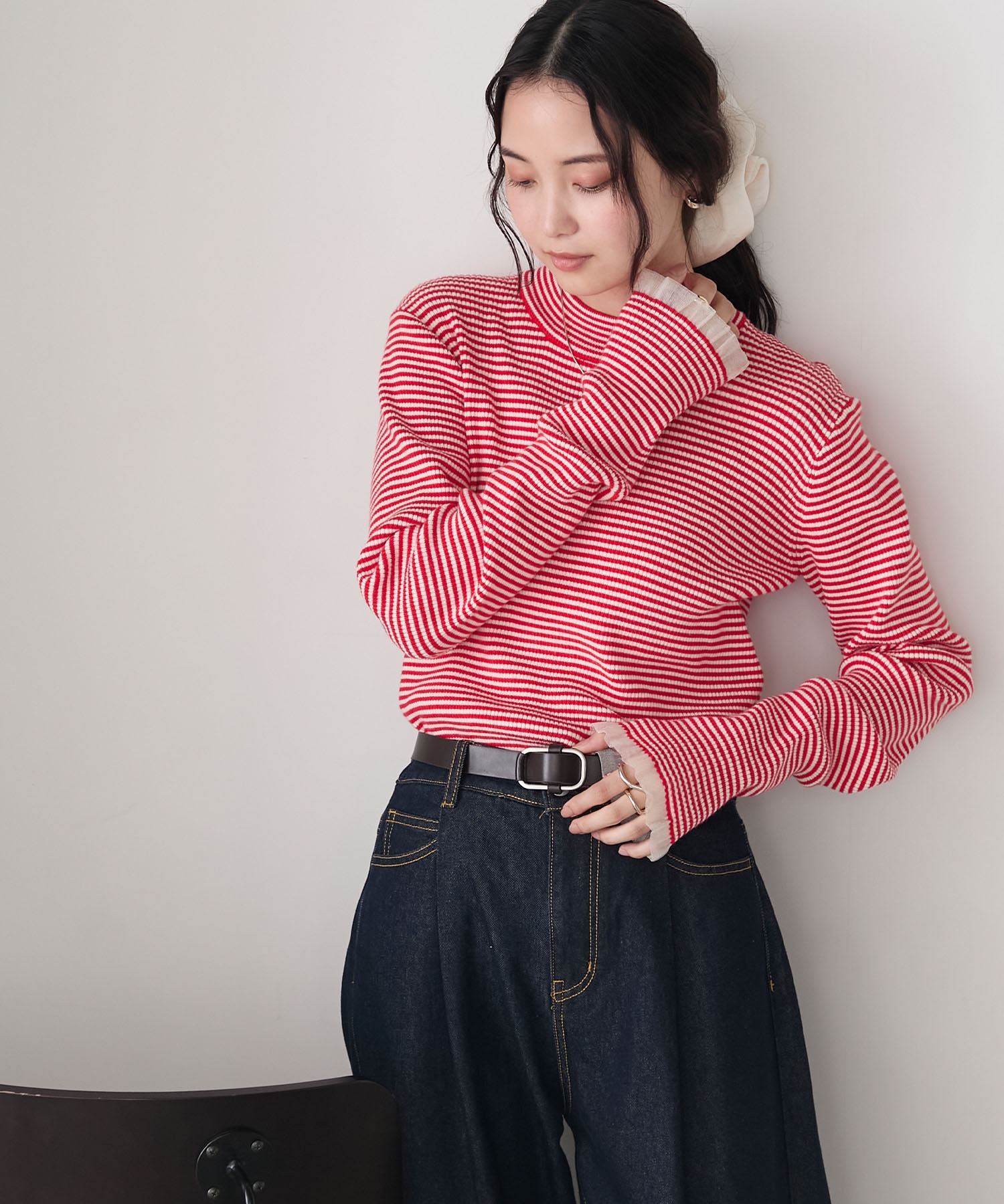 forksy.】＜エブリデイシリーズ＞シアーフリルカフスリブニットプル