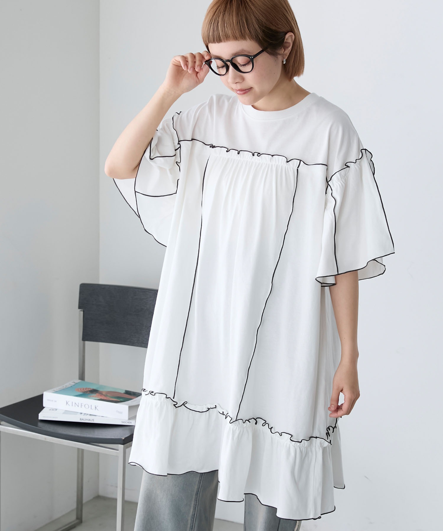 forksy.】フレアスリーブフリルメローオーバーサイズTシャツ forksy