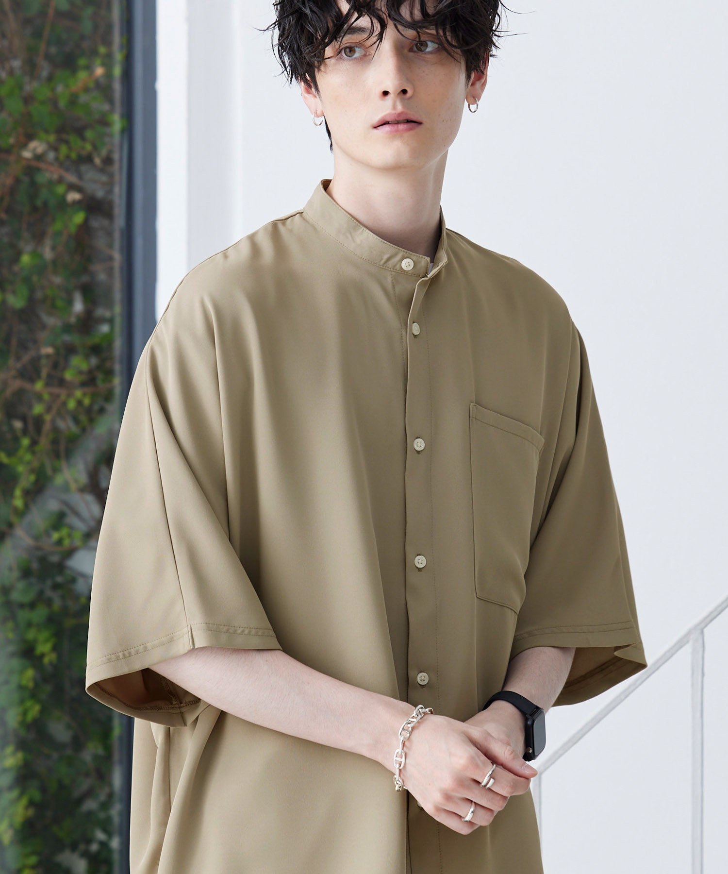 綾トロミ ドレープドルマン ハーフスリーブバンドカラーシャツ 2023SS