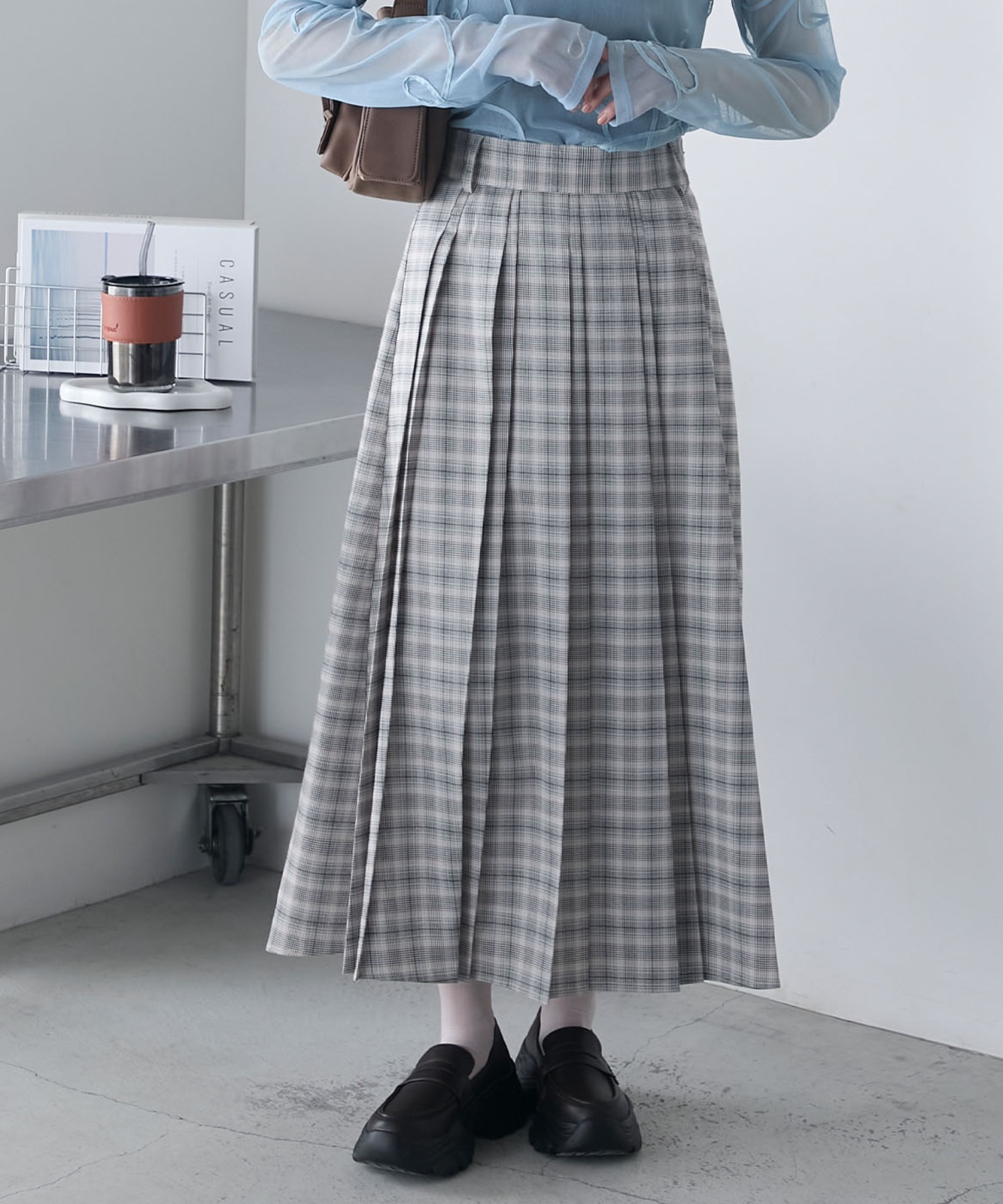 forksy.】ベルト付き ランダムプリーツ チェックロングスカート forksy