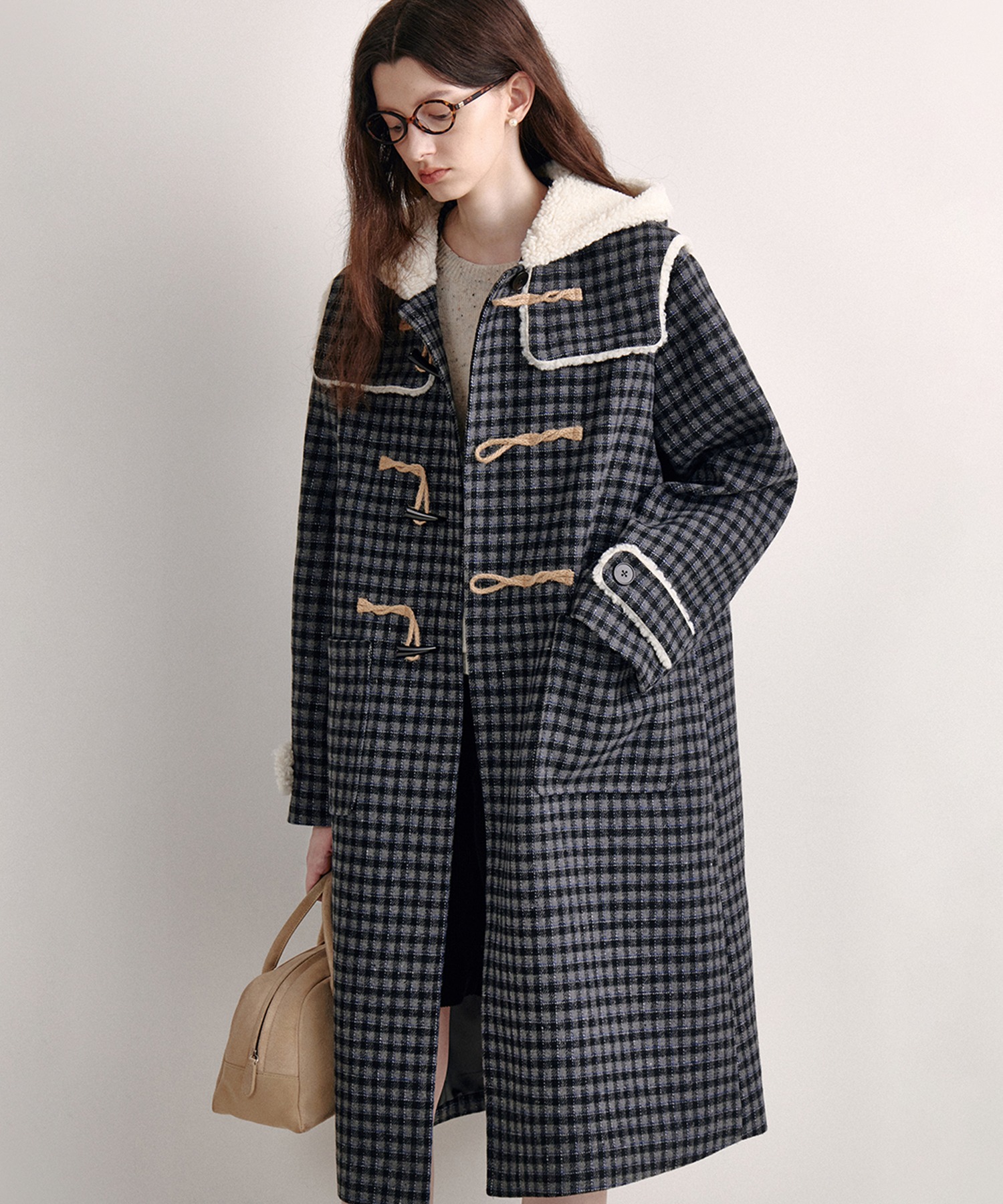 ダッフルコート ボアフード付き チェック柄 ダッフルコート FD24W345