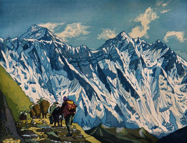 木版画 光と風の山岳風景