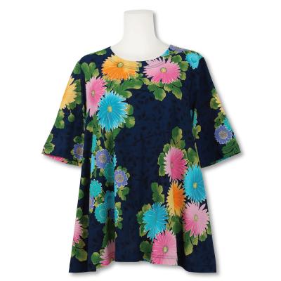 花柄 五分袖フレアチュニック＜千代見草/紺桃＞ | 京友禅アロハシャツ