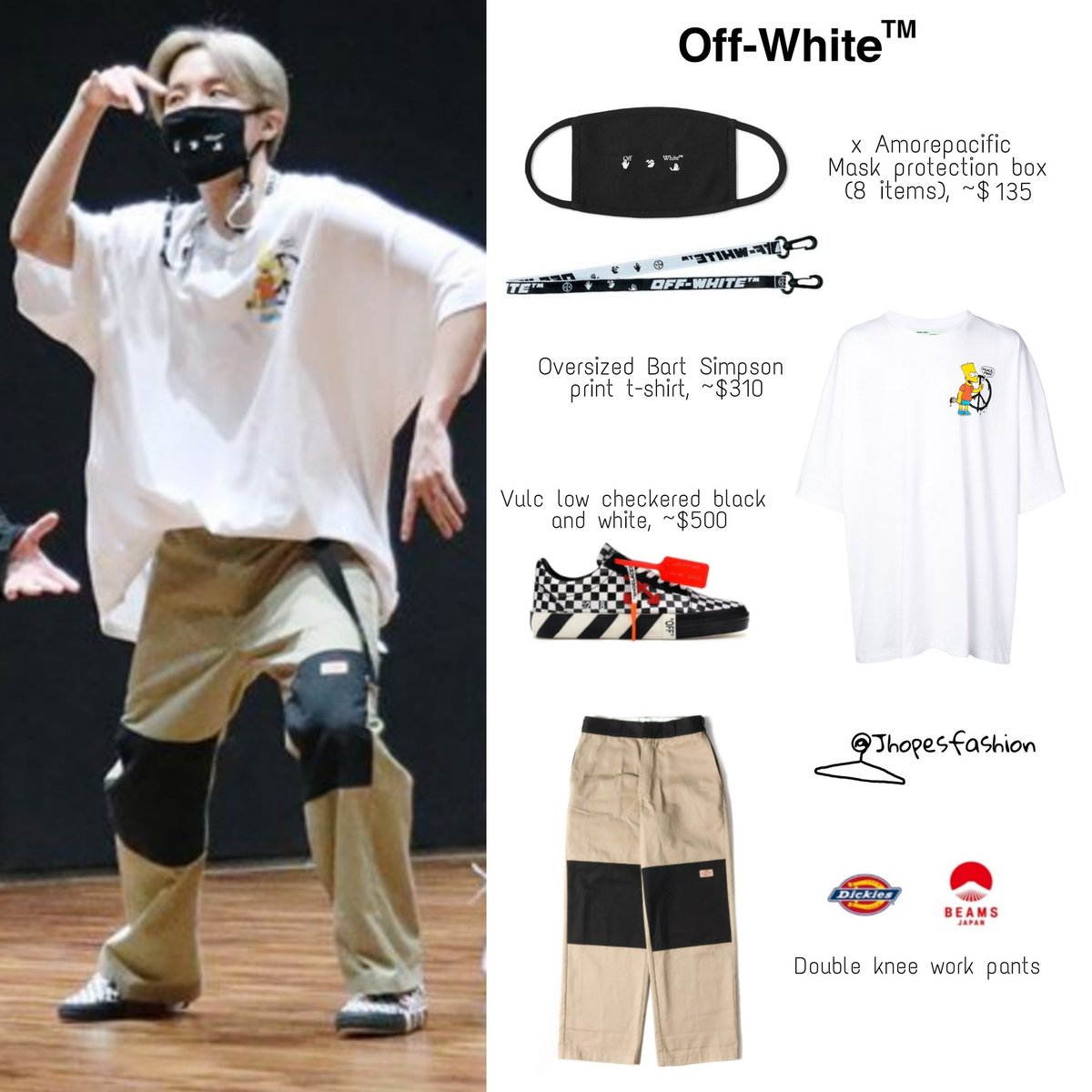 Hoseok's Off-White t-shirt, shoes, mask & neck strap and Dickies x