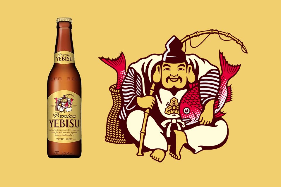 ヱビスビール」のラベルに描かれた恵比寿様。左脇に鯛を抱えていますが