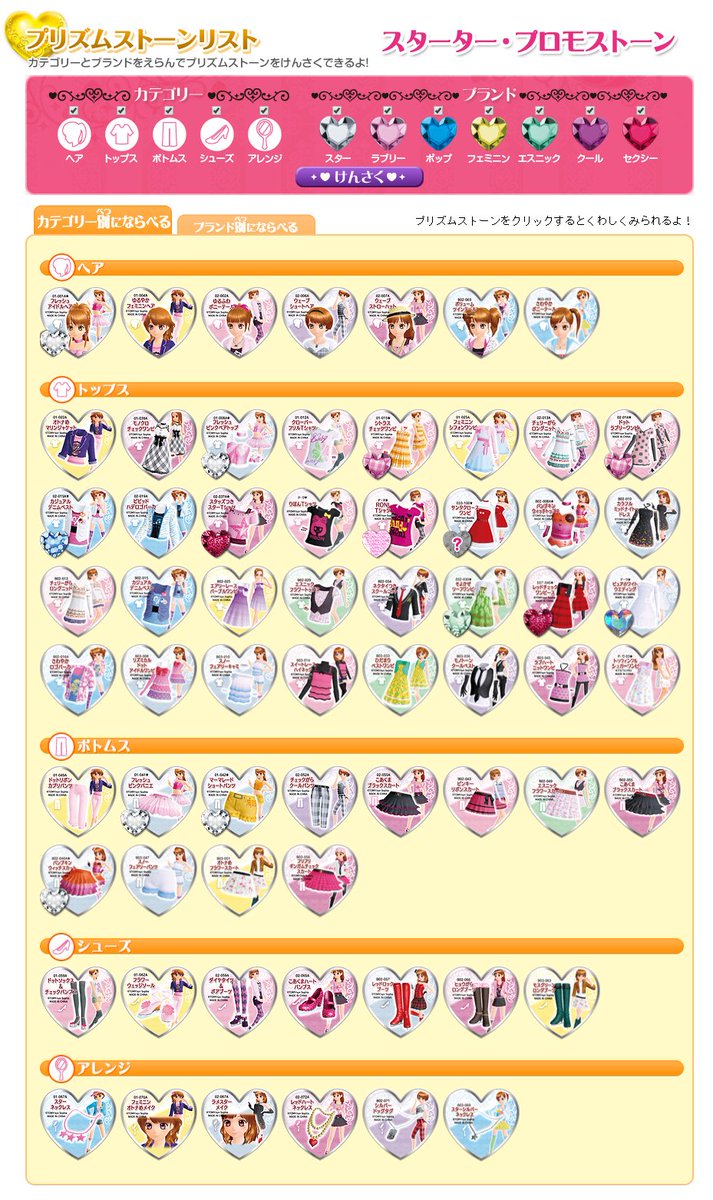 ACプリティーリズム公式から削除されたプリズムストーンリスト