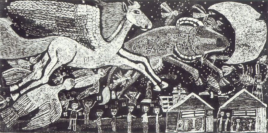 ウルスラがキキを描いた絵は、八戸市立湊中学校養護学級の生徒たちが