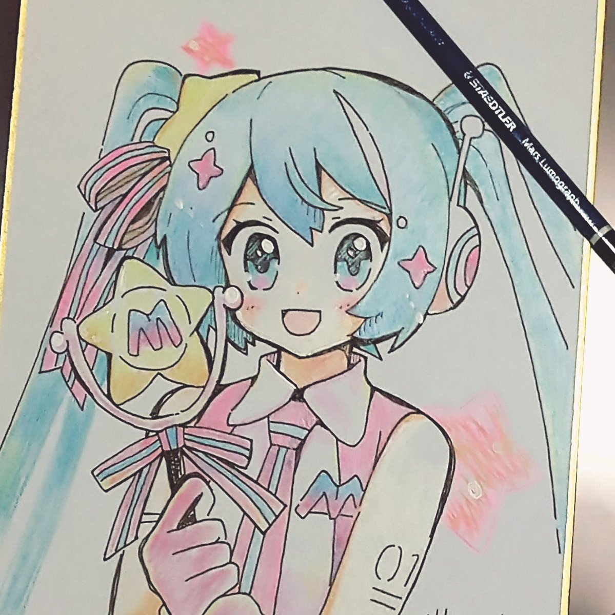 初音ミク ,null 「色紙にペンと色鉛筆でマジミラ10thミクさんを描きまし
