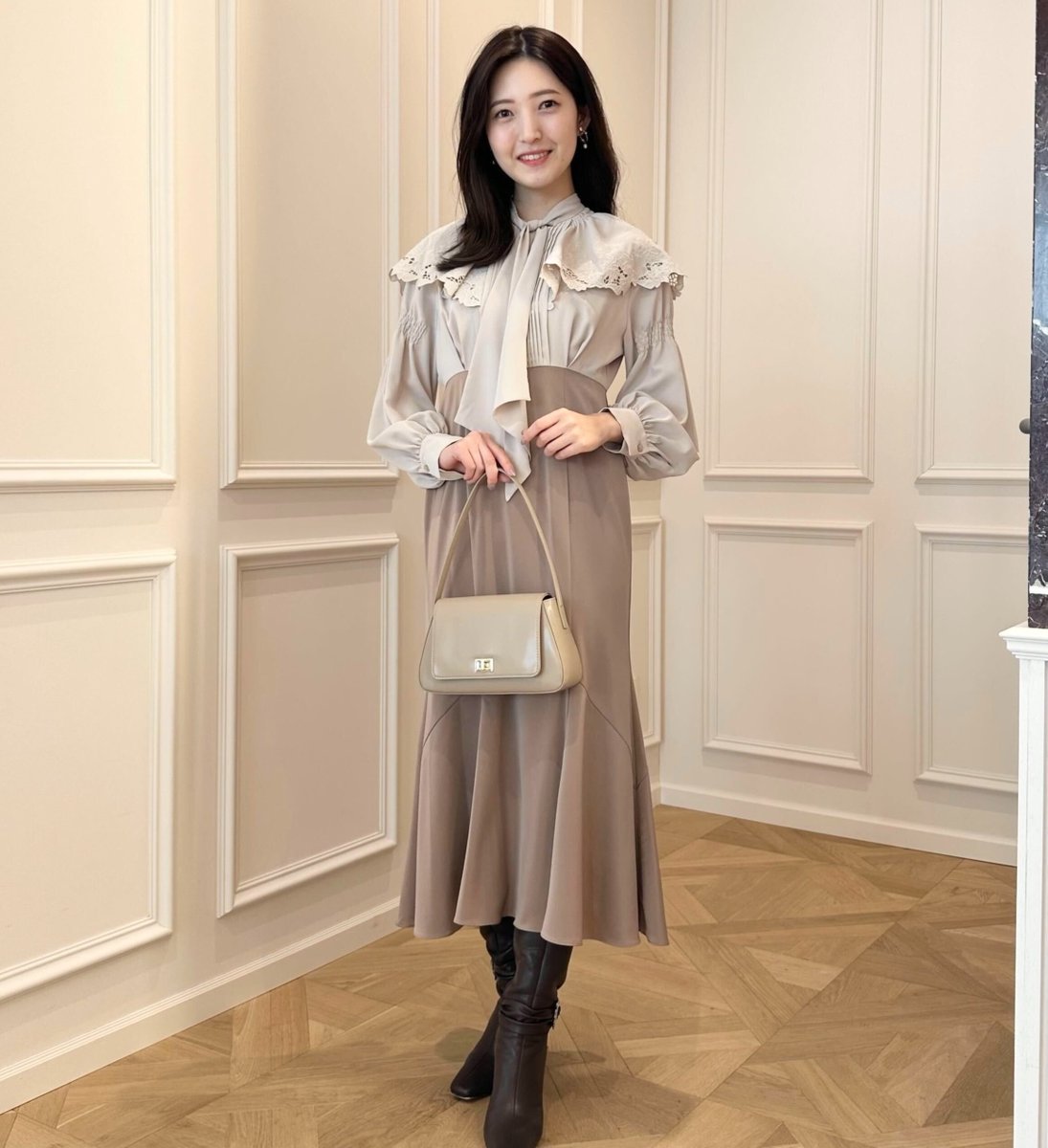 🏷Rose Room Bow-Tie Dress - beige - 顔まわりがとても華やかなドレス