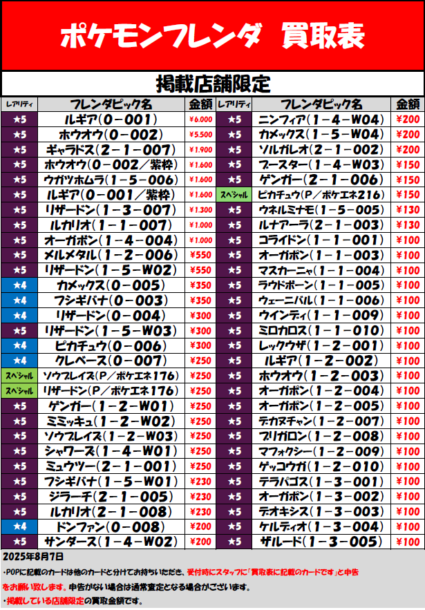 ポケモンフレンダ 買取表更新しました‼ ✓ギャラドス(2-1-007