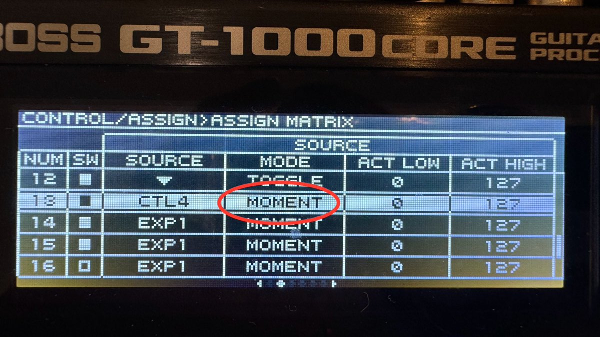 Boss GT1000 coreに接続したFS-7で各エフェクトをON/OFFしてるんだけど