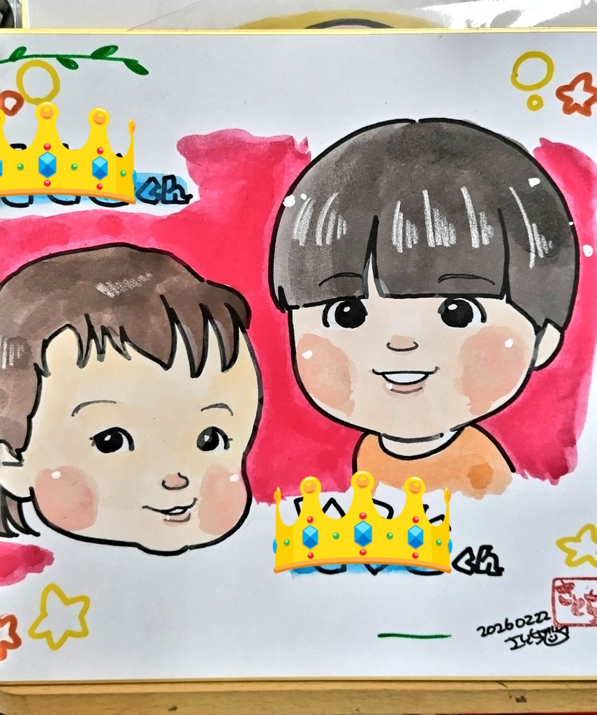 お子さんとワン描いてました #似顔絵