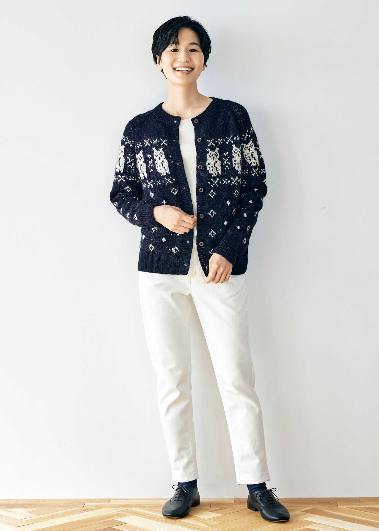 手編みフクロウ柄カーディガン