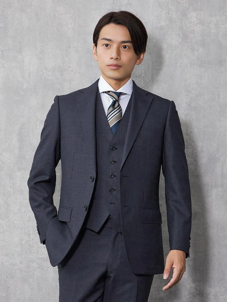 Super100'S】ウール100％ スリーピーススーツ ストライプ ネイビー