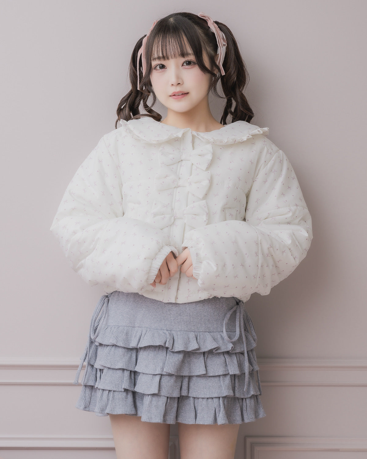 フリルカラーリボン中綿ショートコート – pium