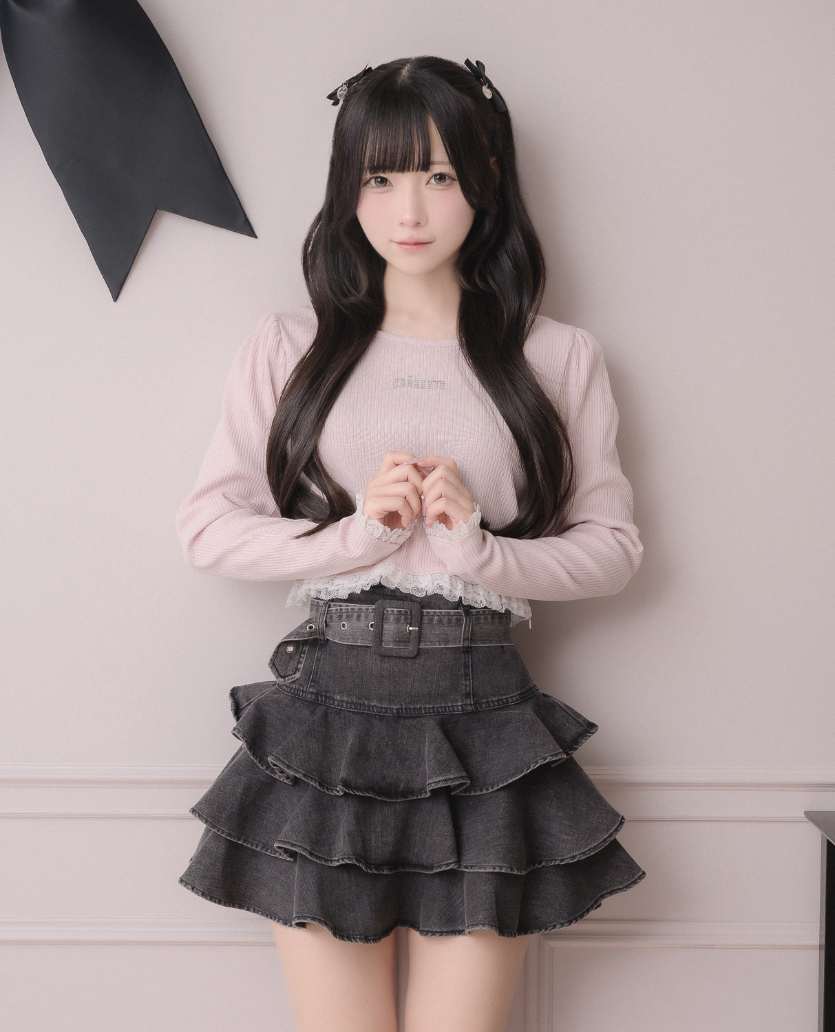 ベルト付きデニムティアードスカート – pium