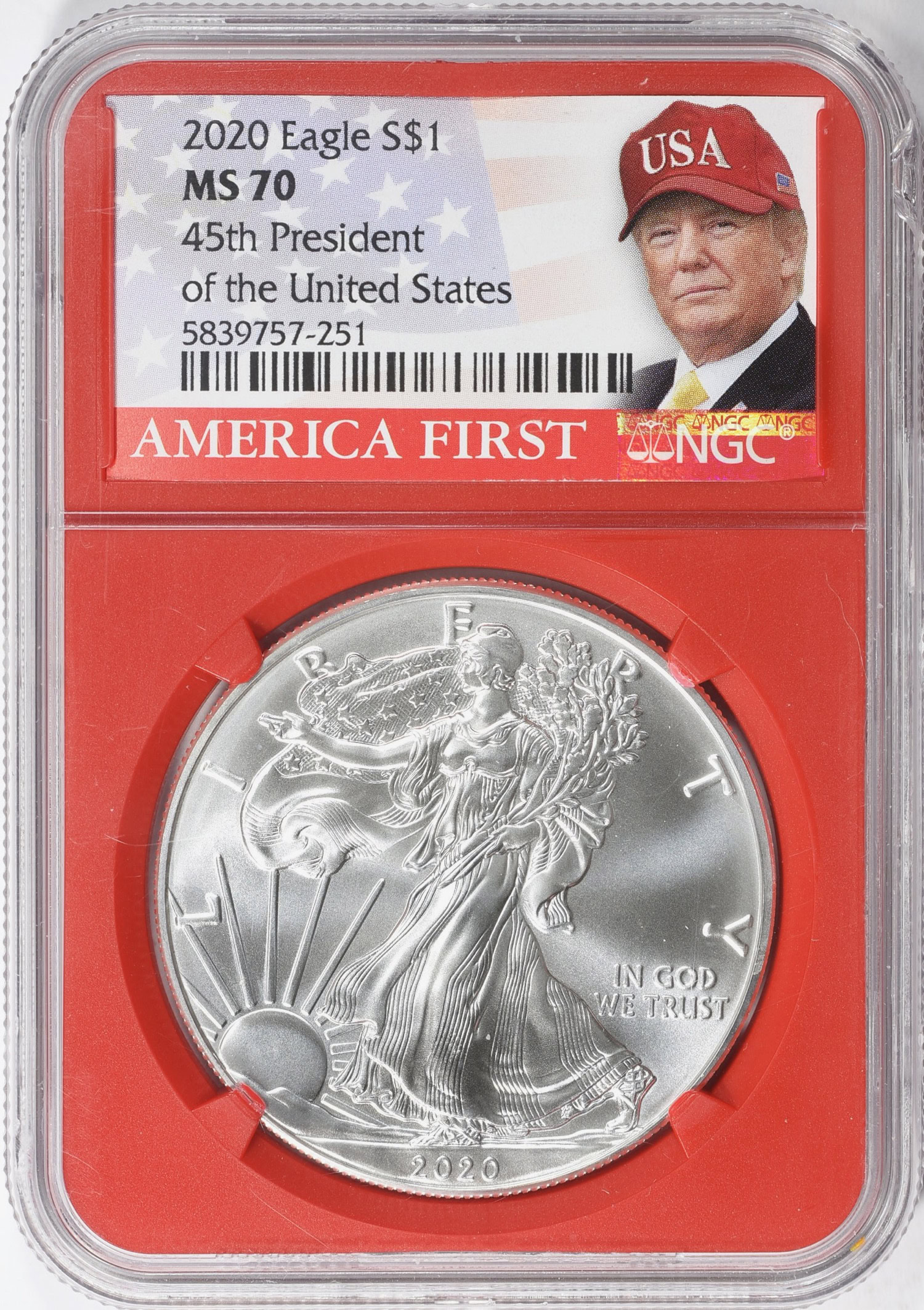 2020 $1 Silver Eagle NGC MS-70 (Donald Trump Label) (Red Holder