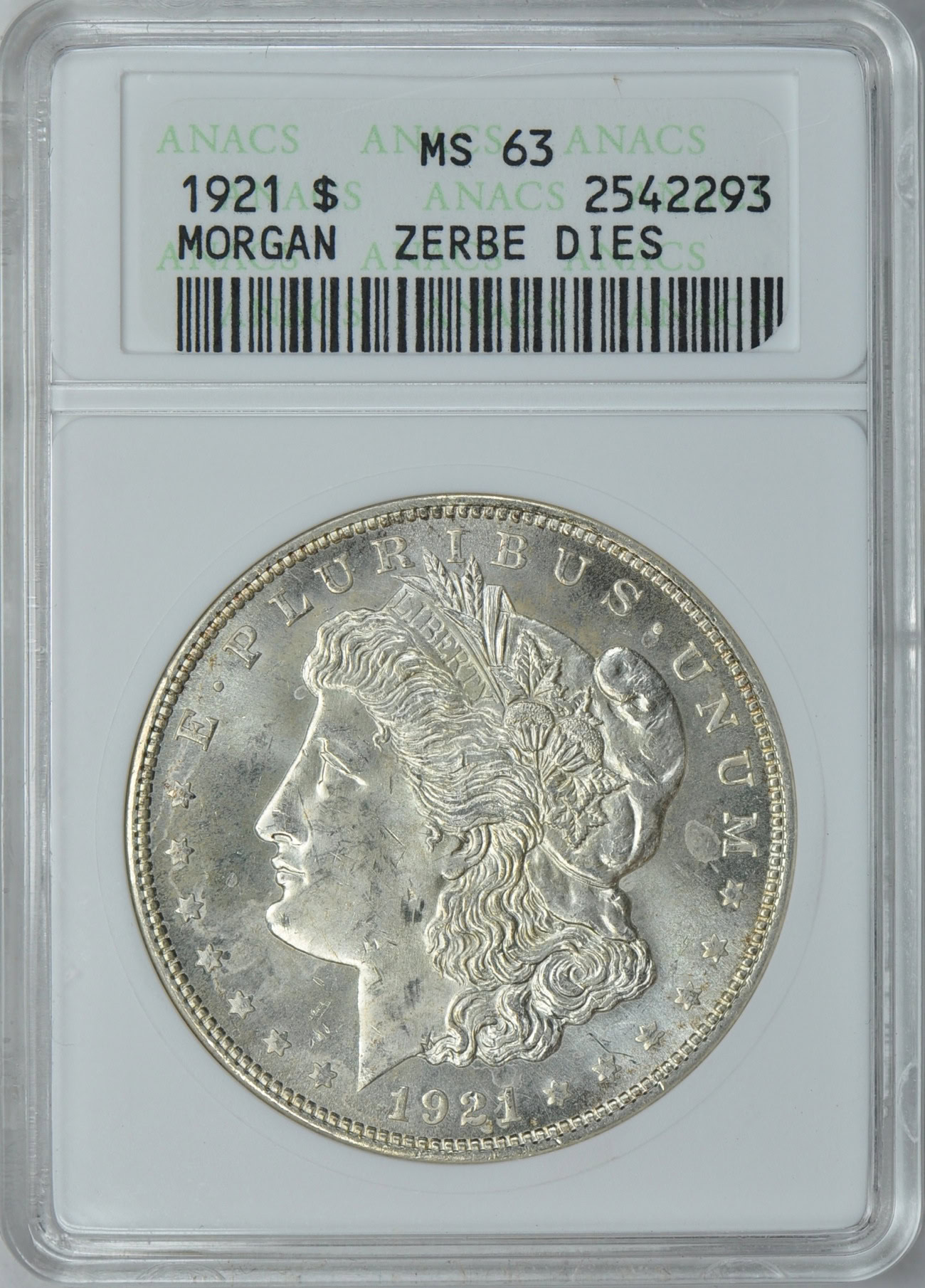 1921 Morgan Silver Dollar Zerbe Dies ANACS MS-63 OH (Item 138716