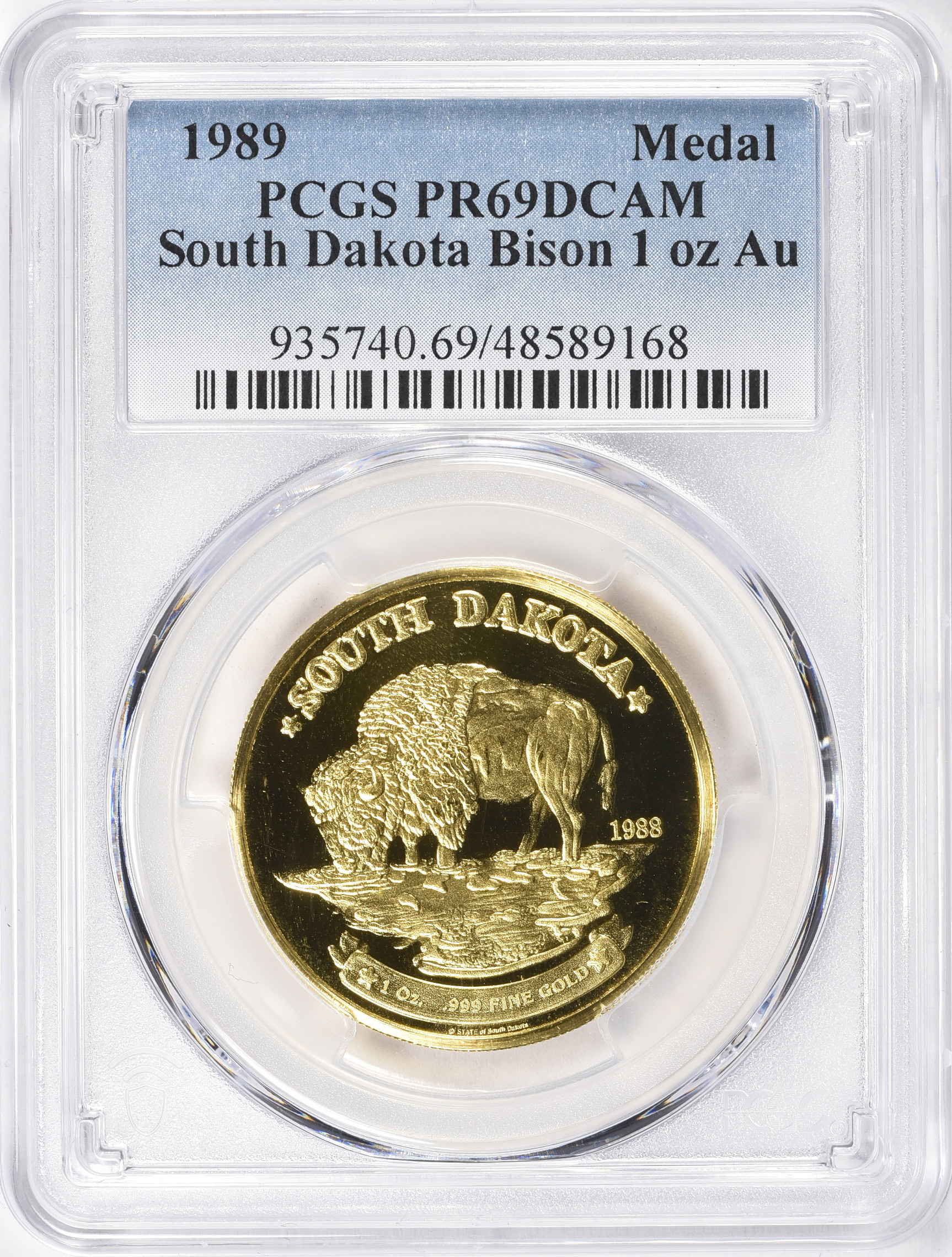 1989 Gold 1oz South Dakota Bison Private Medal PCGS Proof-69 DCAM