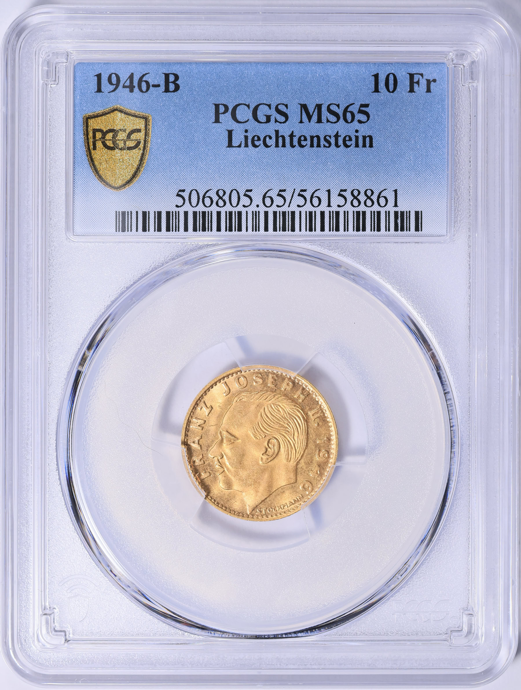 Liechtenstein 1946-B Gold 10 Franken Y-13 PCGS MS-65 (AGW = 0.0933