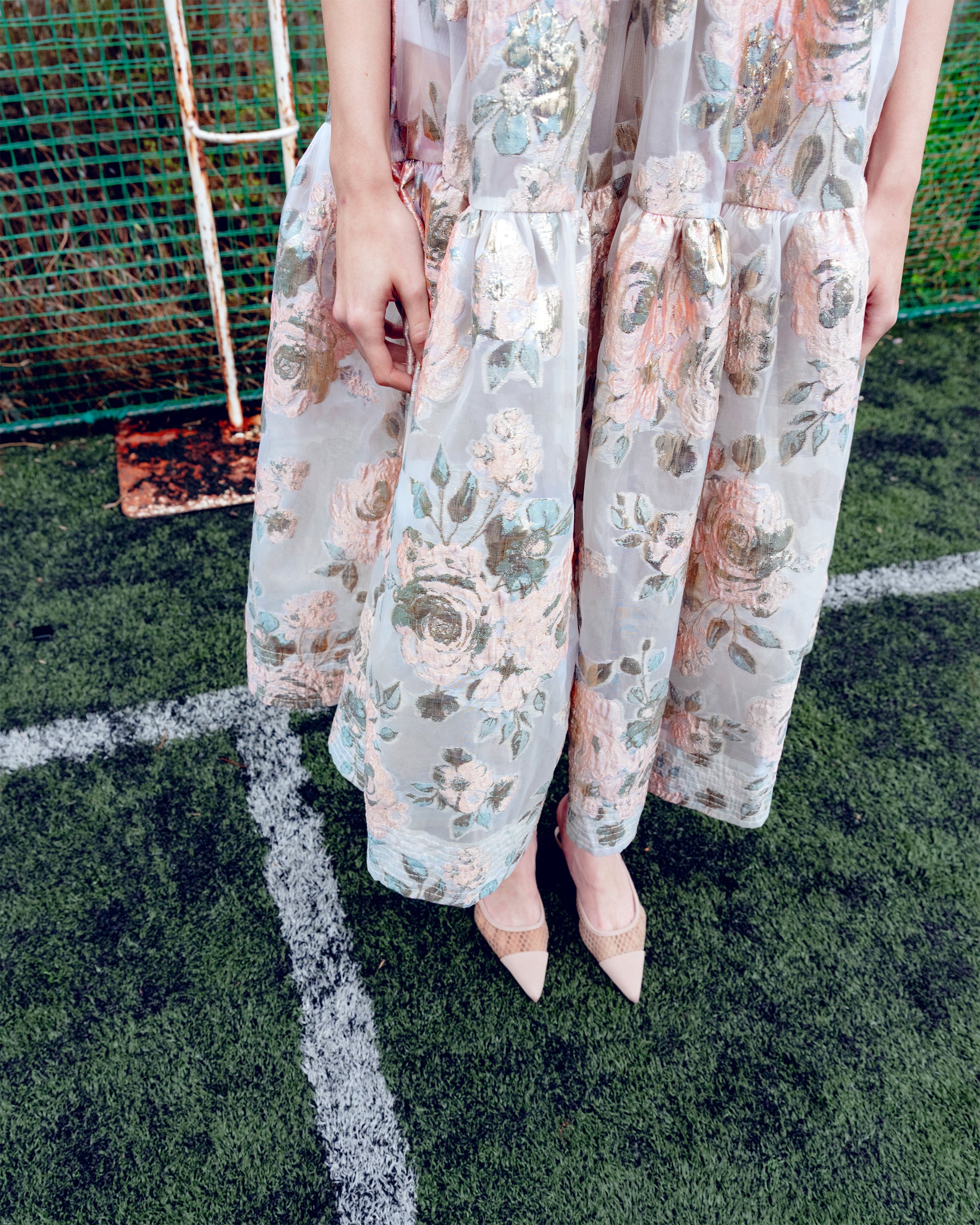 Pink gold jacquard cami dress