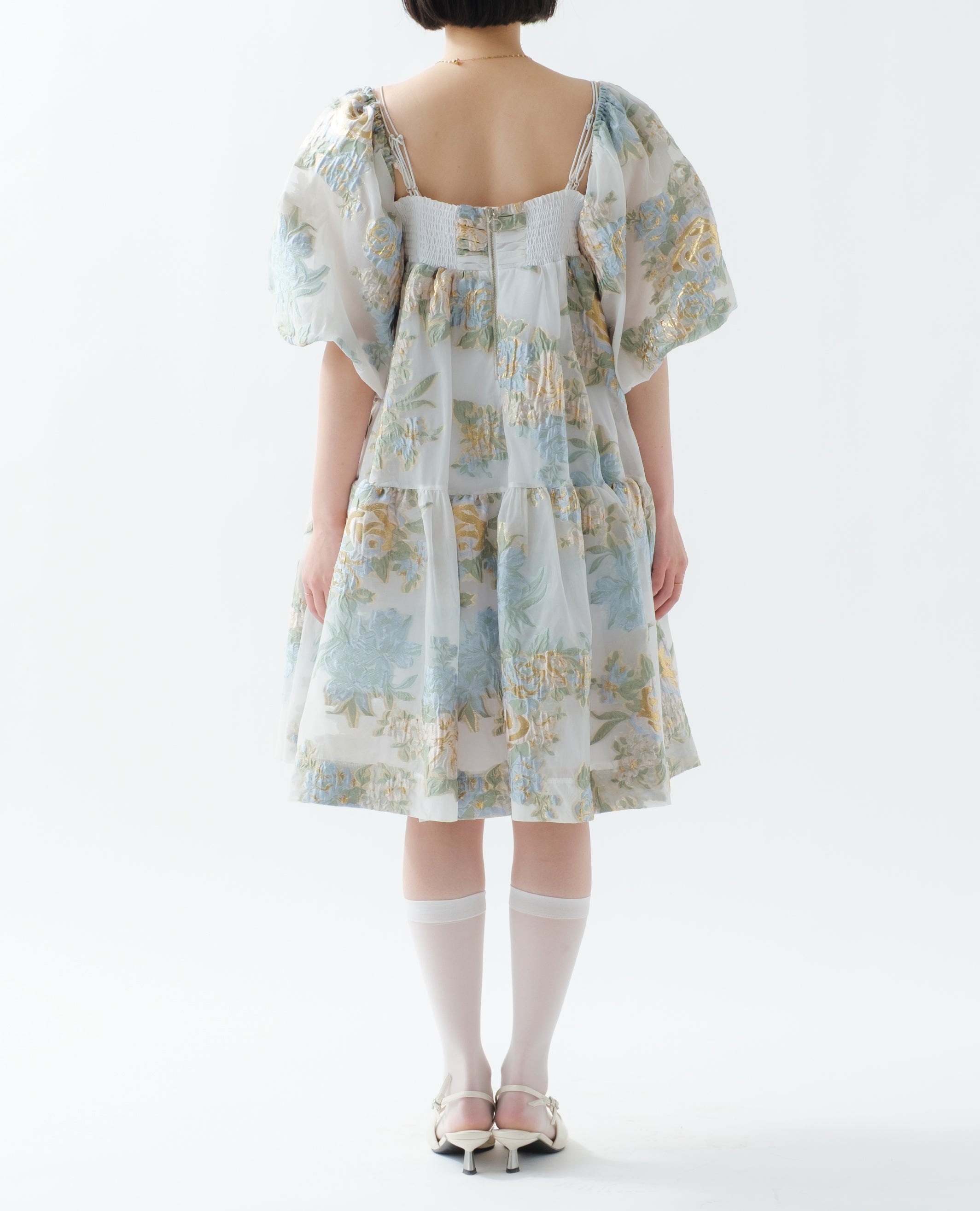 Gold jacquard puff mini dress