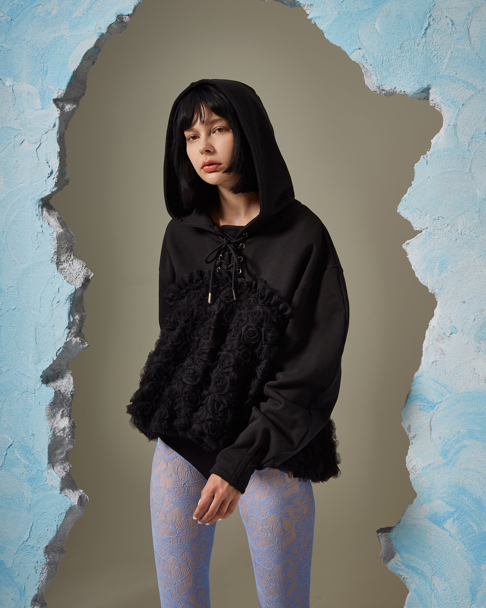 Tulle docking hoodie（black）