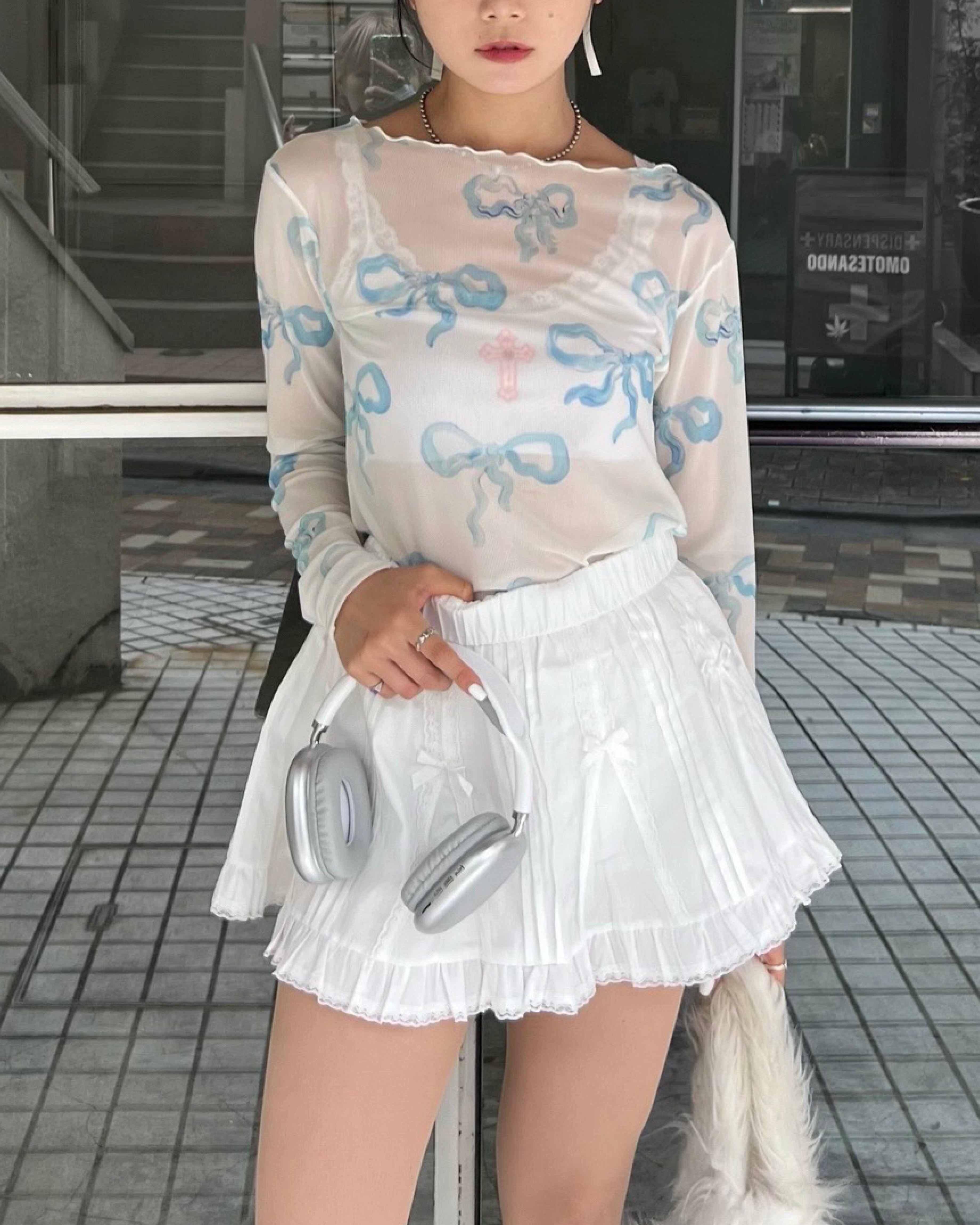 Baby blue ribbon see-through tops(Round neck)