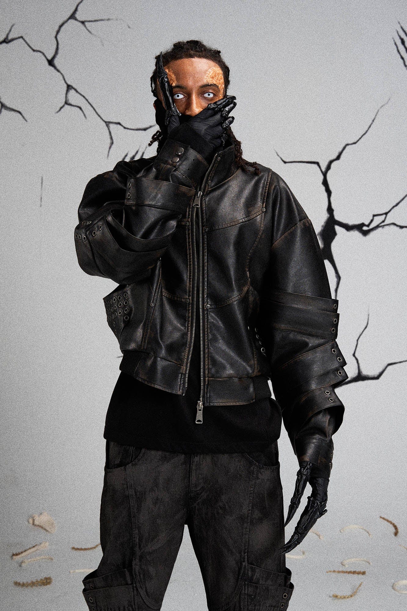 FLYERRER Mutation Layered Armor Spliced Faux Leather Jacket Black