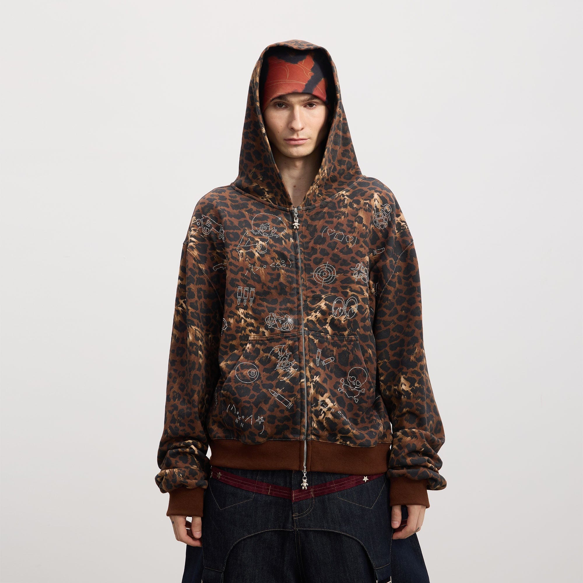 DND4DES Cartoon Rhinestone Leopard Zip-Up Hoodie