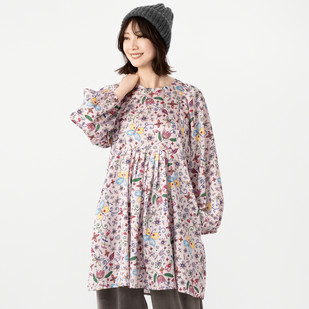 PERSONS ブザム風ギャザーフラワープリントチュニック パーソンズ