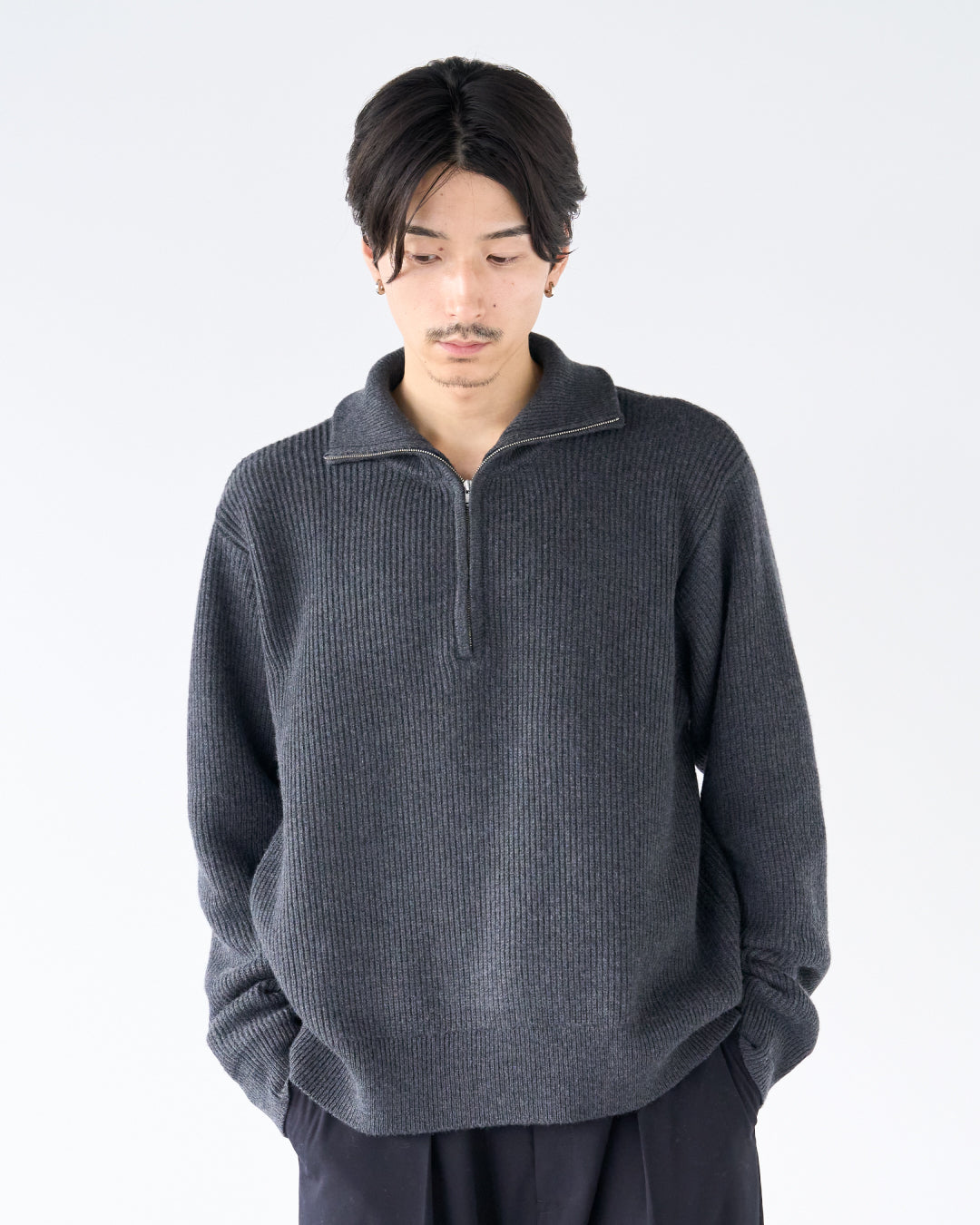 Wool Mixed Half Zip Knit -dark gray-