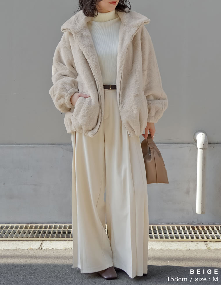 ハイネックドロスト付きフェイクファージャケット - ジャケット