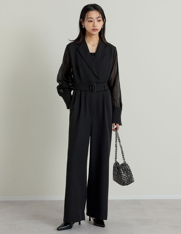 ベルト付きシアーボリュームスリーブオールインワン - オールインワン