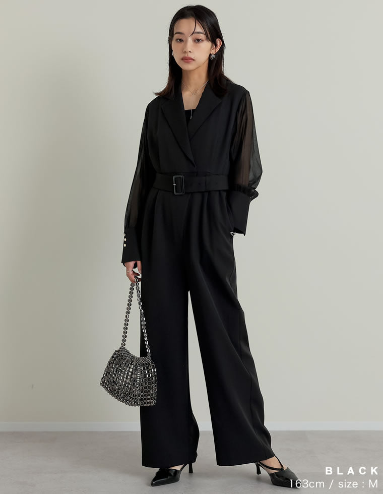 ベルト付きシアーボリュームスリーブオールインワン - オールインワン