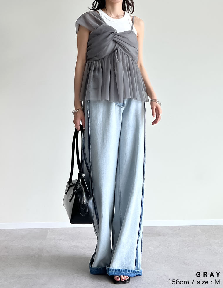 ソフトチュールアシンメトリーデザインキャミソールトップス