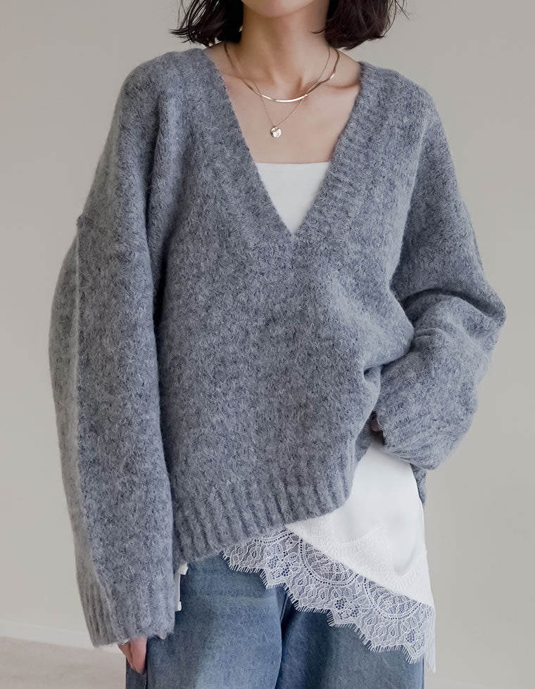 深Vネック起毛MIXブークレニットトップス - トップス通販 | 人気