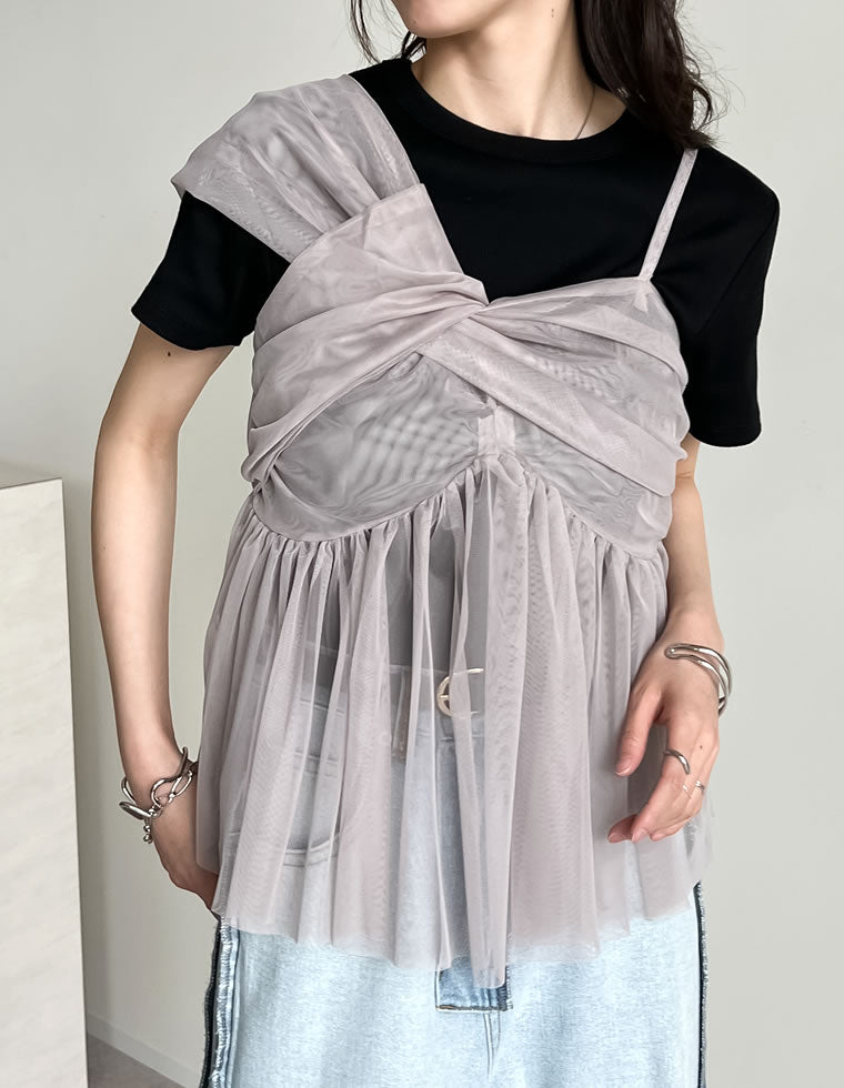 ソフトチュールアシンメトリーデザインキャミソールトップス