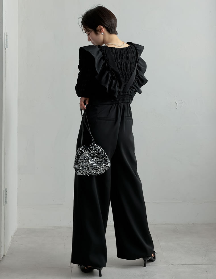 フロッキードットor無地フリルワイドストラップサロペット