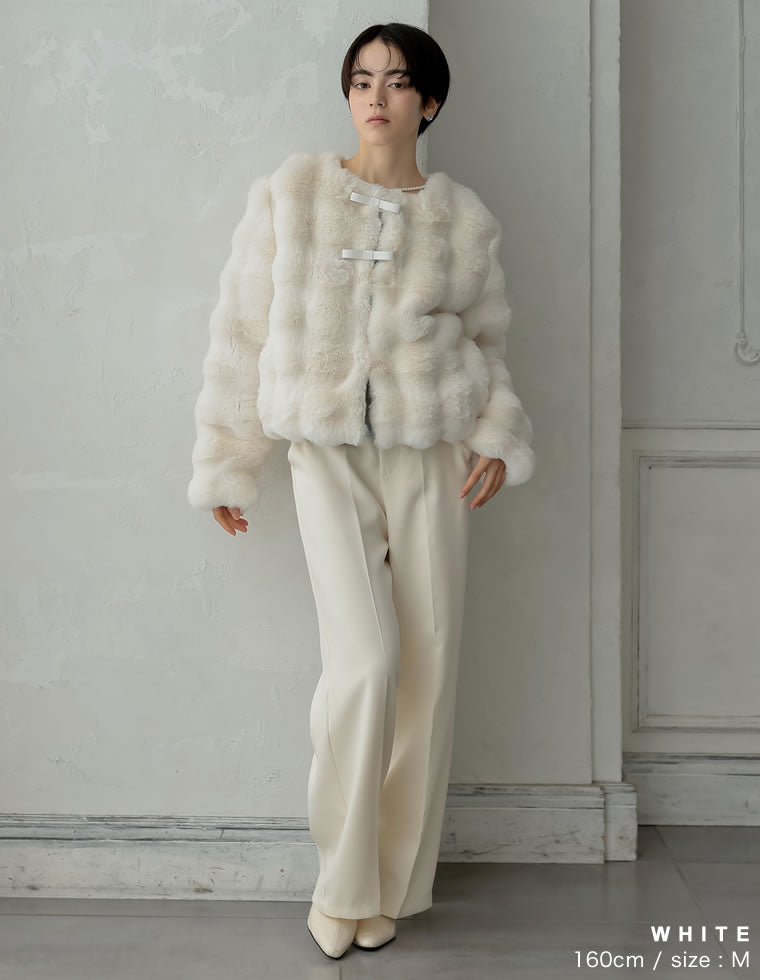 ブロックフェイクファーリボン付ショートコート - ジャケット/アウター