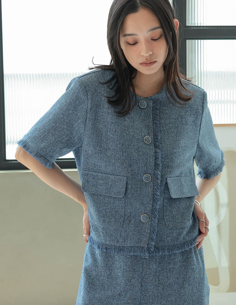 サマーツイード半袖ノーカラージャケット - ジャケット/アウター通販