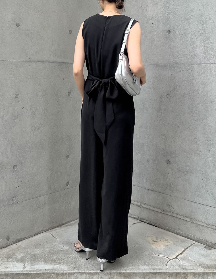 ウエストリボンノースリーブオールインワン - オールインワン通販