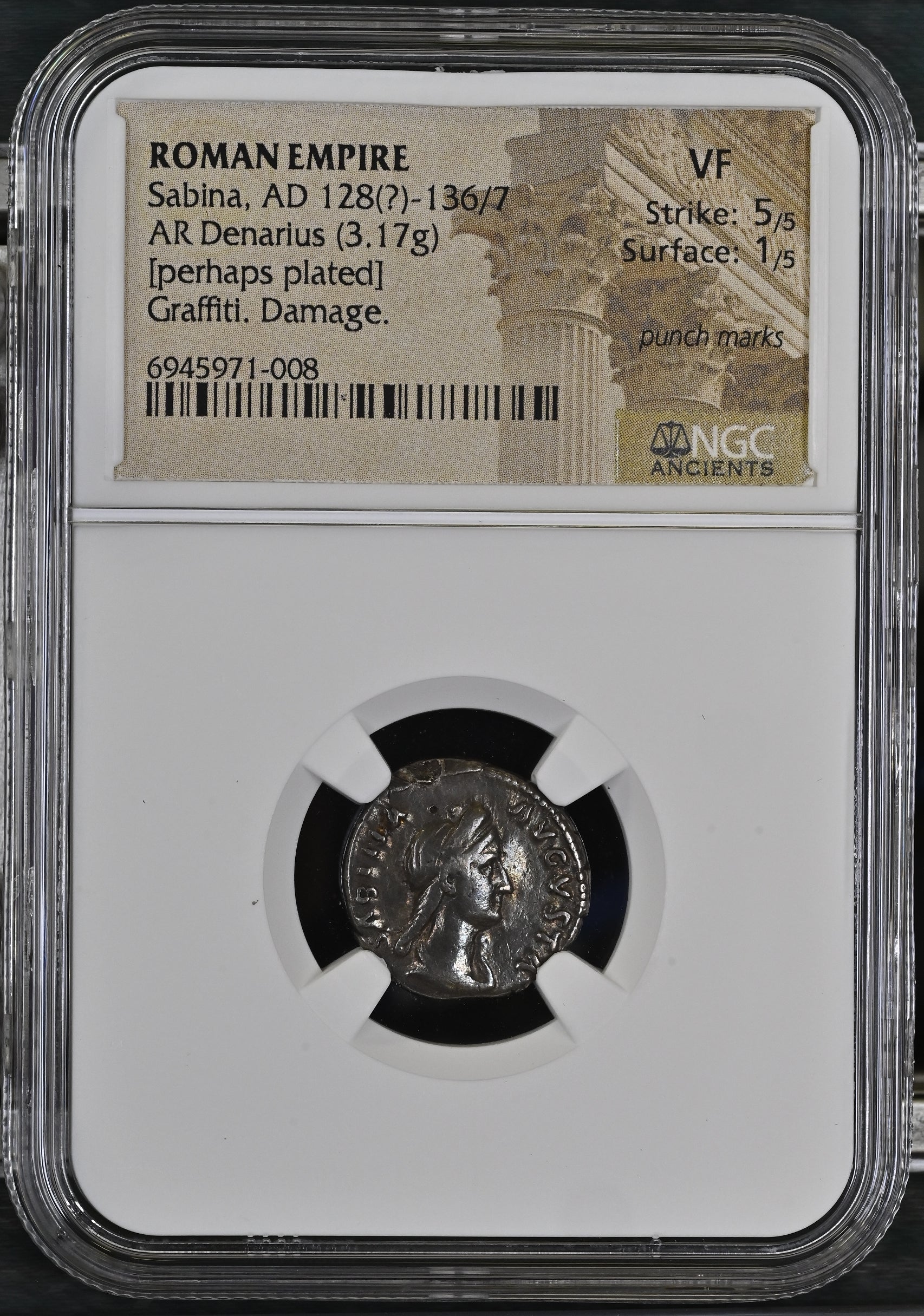 Roman Empire - Sabina - Perhaps Plated Denarius - NGC VF - RIC