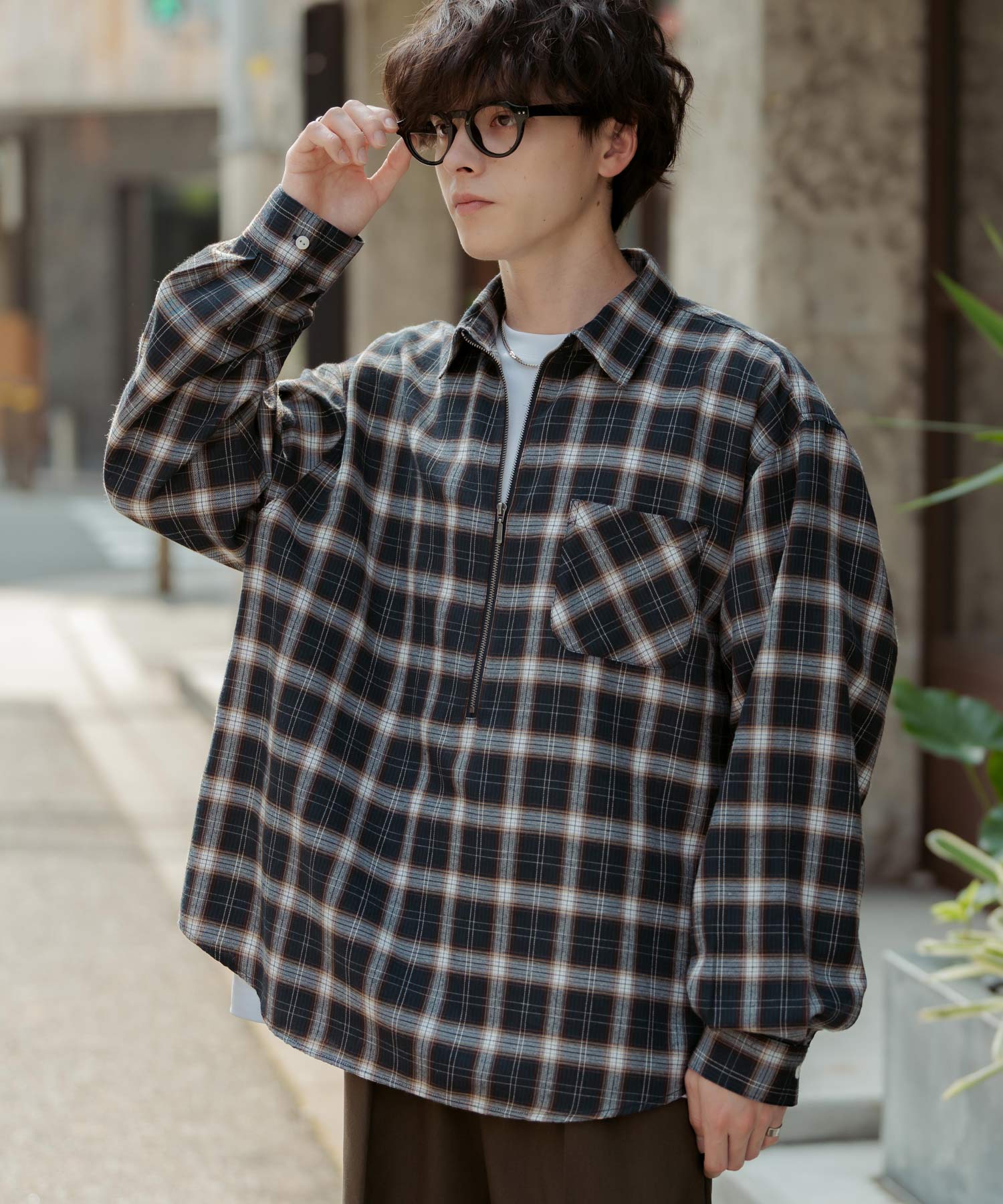 ハーフジップオーバーサイズチェックシャツ/オンブレチェック